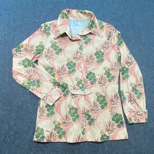 Devonette Floral Blouse Sz M Womens Tan Retro 70s Dagger Collar Belted Button Up